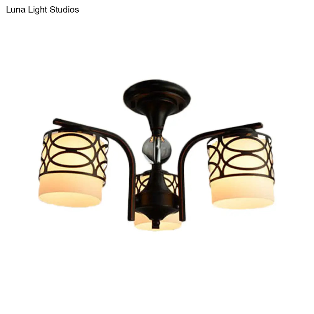 Rustic Opal Glass Semi Flush Light Fixture - Cylinder Design With 3/6/8 Black Metallic Heads Ideal