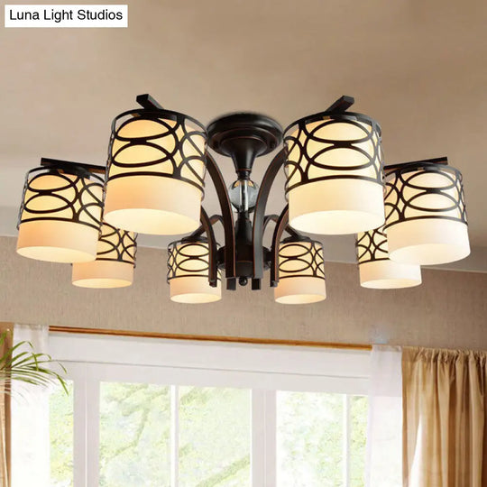 Rustic Opal Glass Semi Flush Light Fixture - Cylinder Design With 3/6/8 Black Metallic Heads Ideal