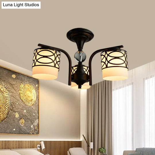 Rustic Opal Glass Semi Flush Light Fixture - Cylinder Design With 3/6/8 Black Metallic Heads Ideal