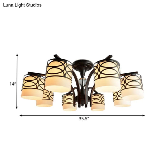 Rustic Opal Glass Semi Flush Light Fixture - Cylinder Design With 3/6/8 Black Metallic Heads Ideal