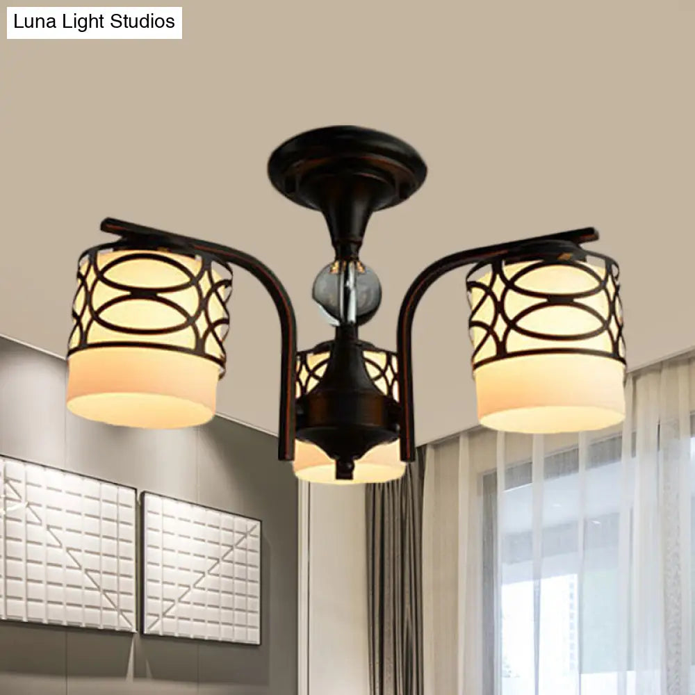 Rustic Opal Glass Semi Flush Light Fixture - Cylinder Design With 3/6/8 Black Metallic Heads Ideal