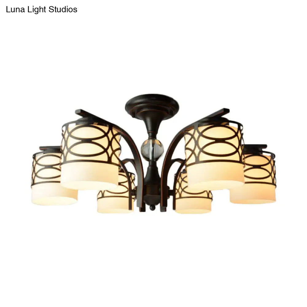 Rustic Opal Glass Semi Flush Light Fixture - Cylinder Design With 3/6/8 Black Metallic Heads Ideal