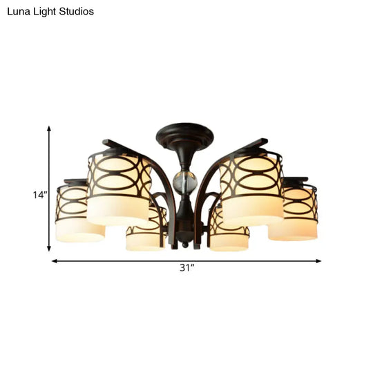 Rustic Opal Glass Semi Flush Light Fixture - Cylinder Design With 3/6/8 Black Metallic Heads Ideal