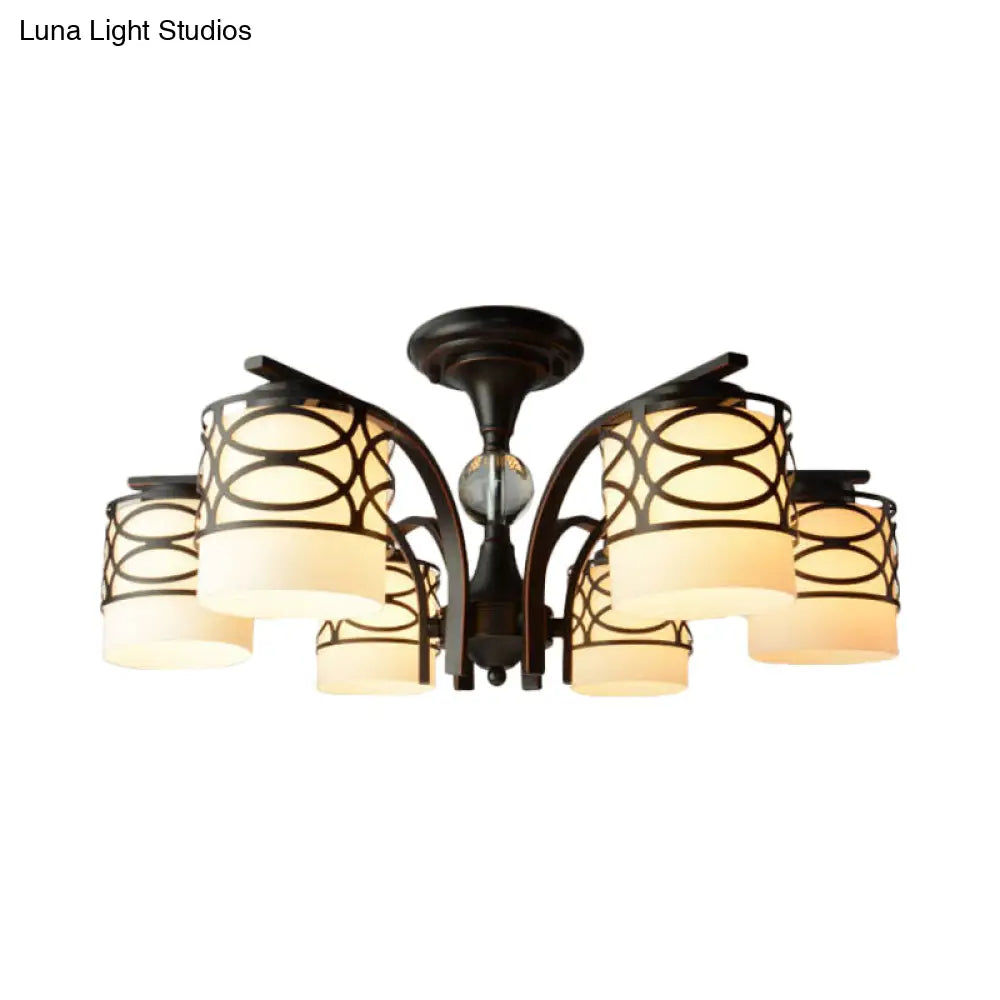 Rustic Opal Glass Semi Flush Light Fixture - Cylinder Design With 3/6/8 Black Metallic Heads Ideal