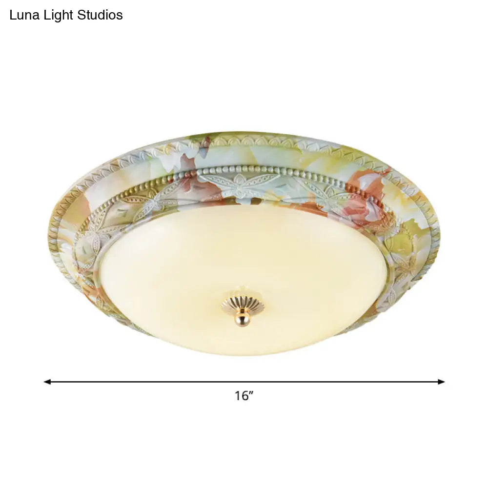 Rustic Opal Glass Tiered Ceiling Lamp - Led Flush Mount Light Fixture In White - Green For Living