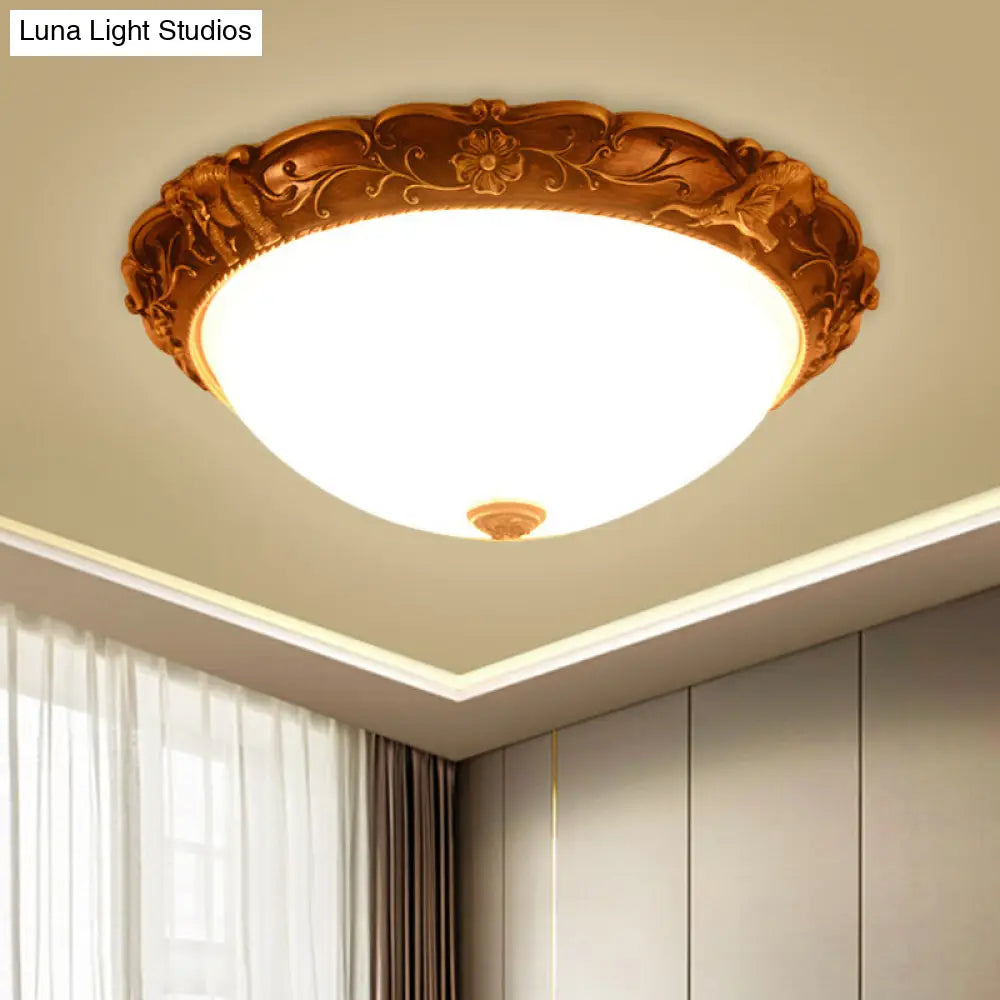 Rustic Opaline Glass Flush Lamp With Elephant Trim And Carving Flower - 16/19.5 W 3-Bulb Ceiling