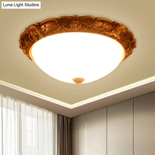 Rustic Opaline Glass Flush Lamp With Elephant Trim And Carving Flower - 16/19.5 W 3-Bulb Ceiling