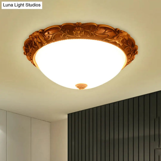 Rustic Opaline Glass Flush Lamp With Elephant Trim And Carving Flower - 16/19.5 W 3-Bulb Ceiling