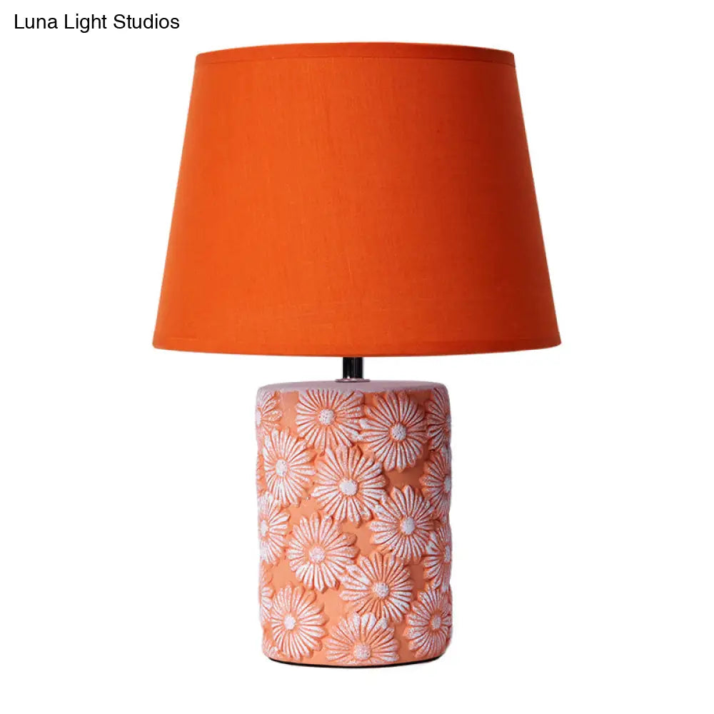 Rustic Orange Drum Table Lamp With Carved Sunflower Base