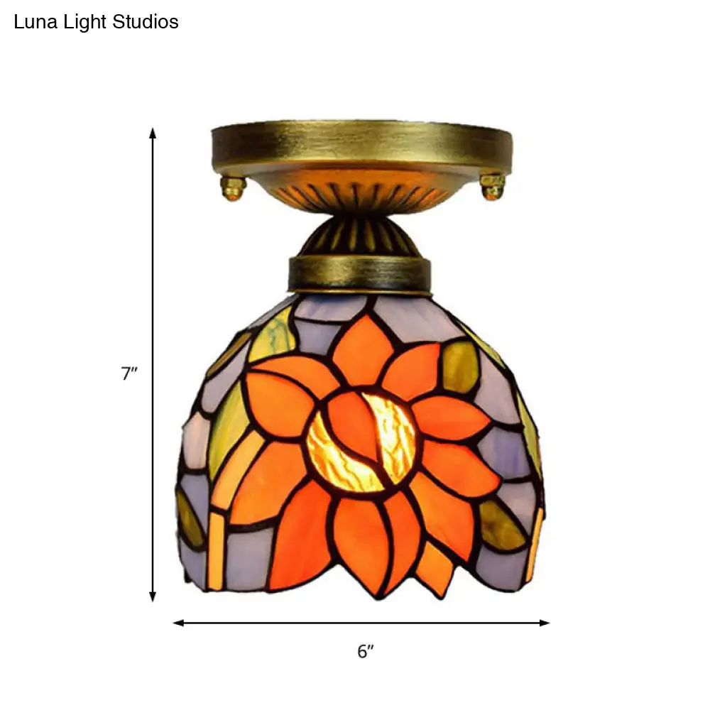 Rustic Orange Sunflower Stained Glass Flush Ceiling Light - 6-Inch 1 Head Ideal For Corridor