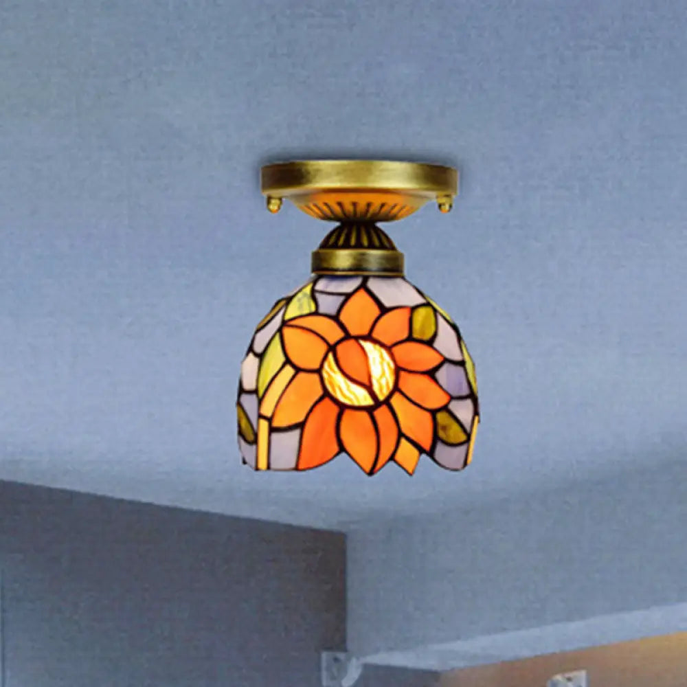 Rustic Orange Sunflower Stained Glass Flush Ceiling Light - 6-Inch 1 Head Ideal For Corridor