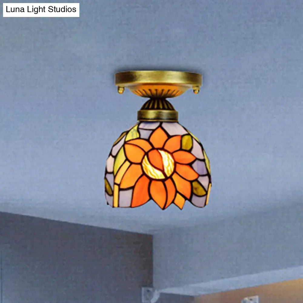 Rustic Orange 6-Inch Stained Glass Sunflower Ceiling Lamp - Flush Mount Ideal For Corridors