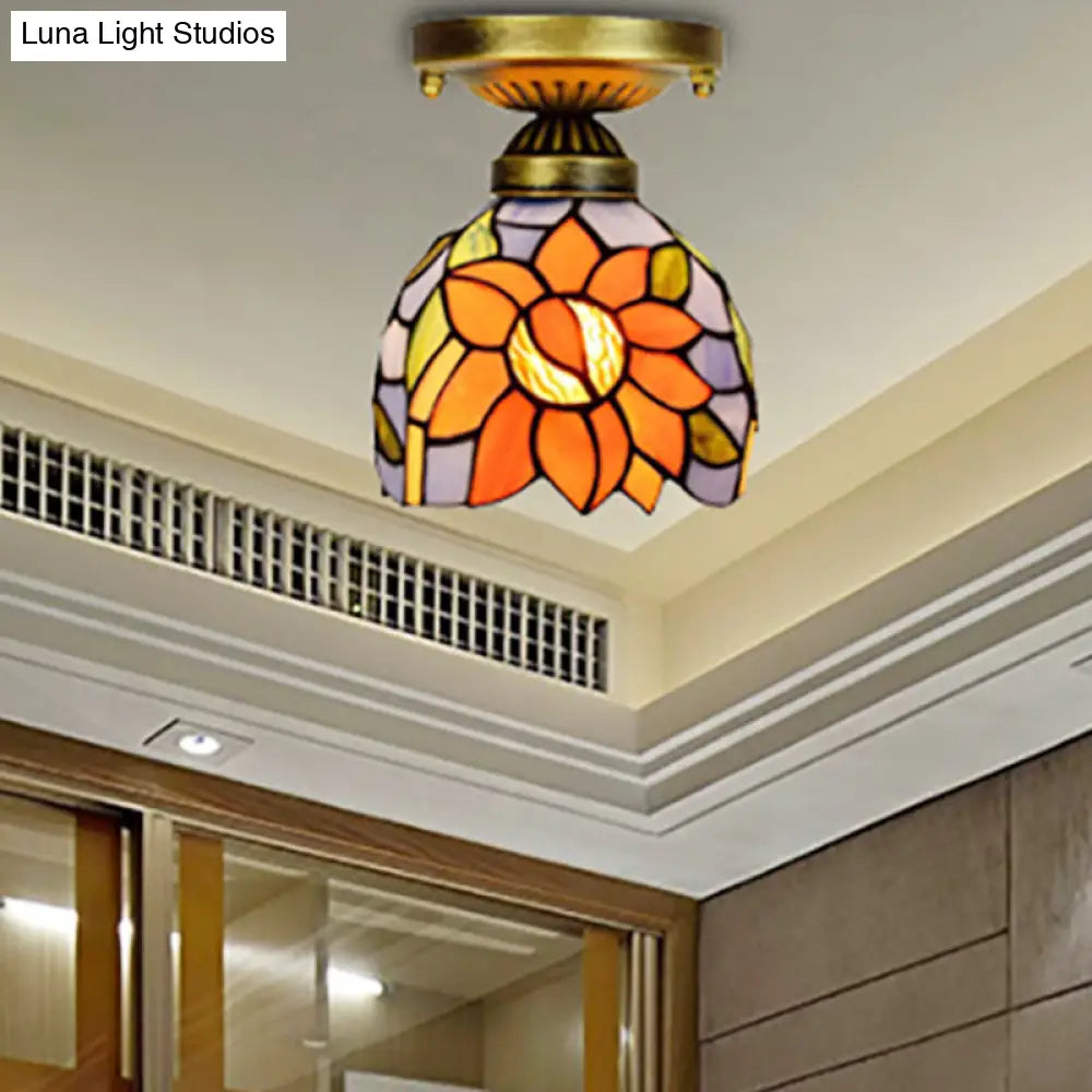 Rustic Orange Sunflower Stained Glass Flush Ceiling Light - 6-Inch 1 Head Ideal For Corridor