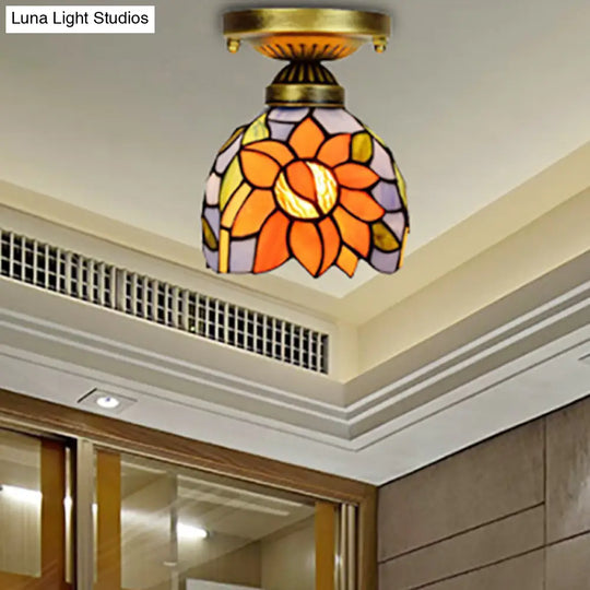 Rustic Orange Sunflower Stained Glass Flush Ceiling Light - 6-Inch 1 Head Ideal For Corridor