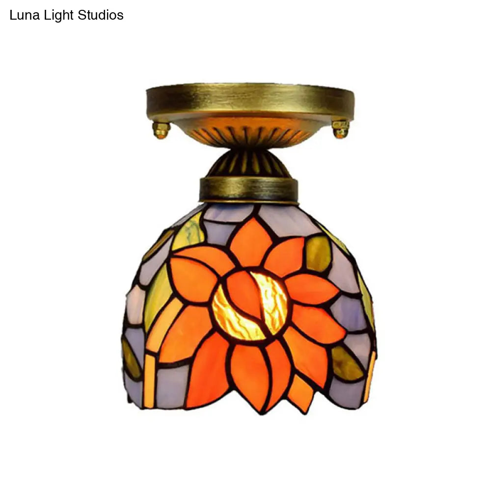 Rustic Orange 6-Inch Stained Glass Sunflower Ceiling Lamp - Flush Mount Ideal For Corridors