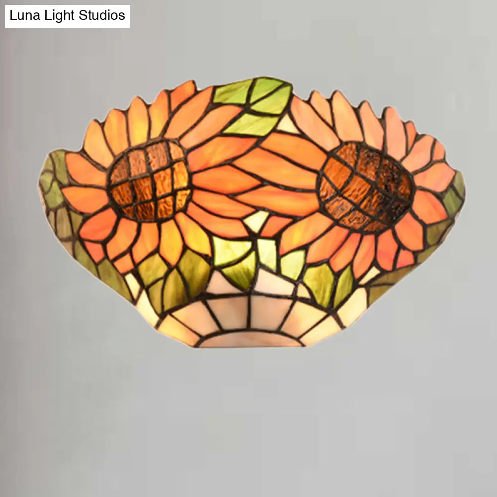 Rustic Orange Sunflower Stained Glass Wall Sconce - 1 Light For Restaurants