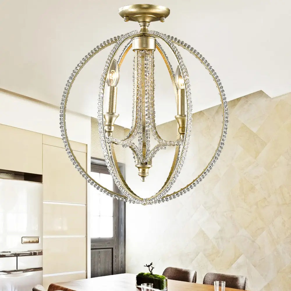 Rustic Orb Metal Semi Flush Mount Ceiling Light With Crystal Accents - 3 Lights Brass Finish