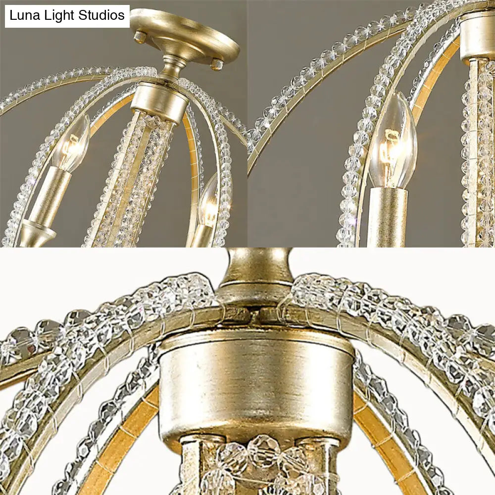 Rustic Orb Metal Semi Flush Mount Ceiling Light With Crystal Accents - 3 Lights Brass Finish