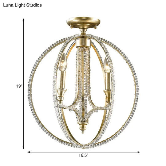 Rustic Orb Metal Semi Flush Mount Ceiling Light With Crystal Accents - 3 Lights Brass Finish