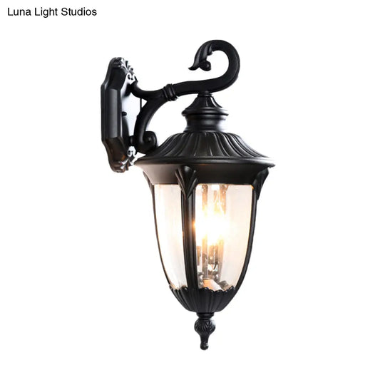 Rustic Outdoor Wall Lamp: Clear Bubble Glass Black Sconce Urn With Curling Arm [1-Head Fixture]