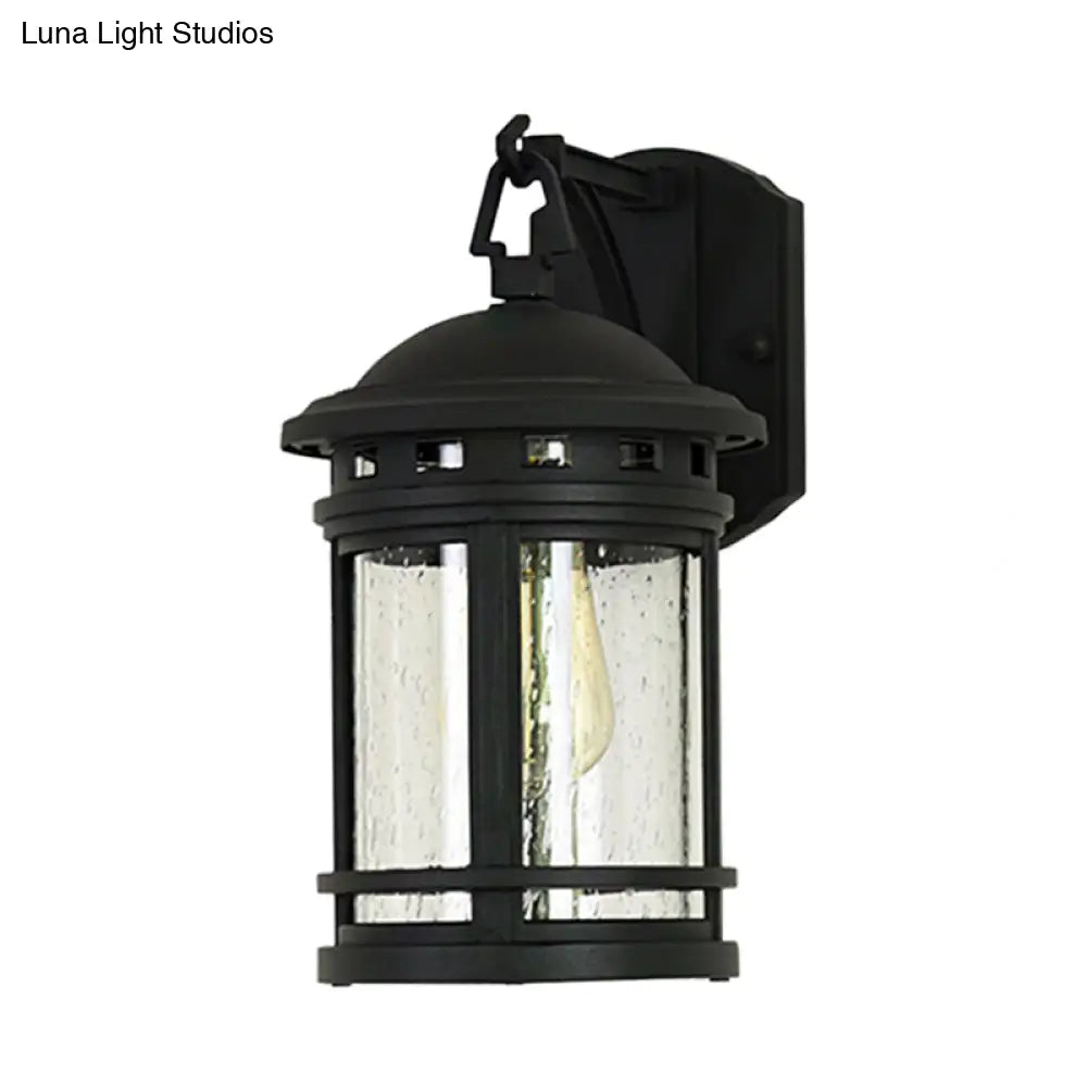 Rustic Outdoor Wall Lantern Sconce With Clear Seeded Glass Metal Frame In Coffee/Black - 1 Light