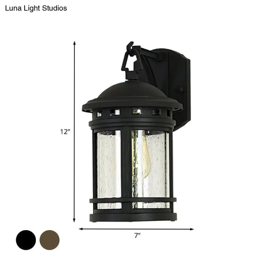 Rustic Outdoor Wall Lantern Sconce With Clear Seeded Glass Metal Frame In Coffee/Black - 1 Light