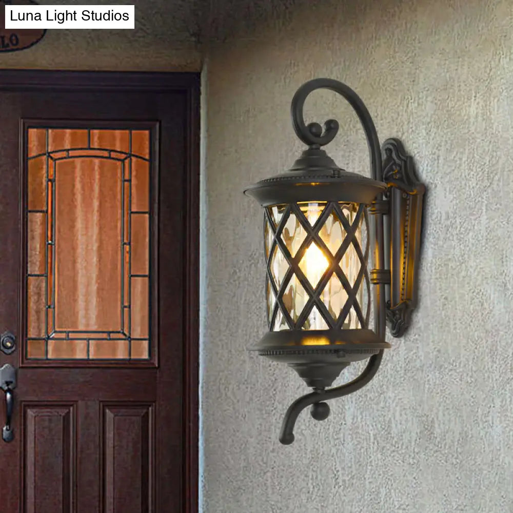 Rustic Outdoor Wall Light - Clear Ripple Glass Black Sconce 1 Head Curling Arm Design