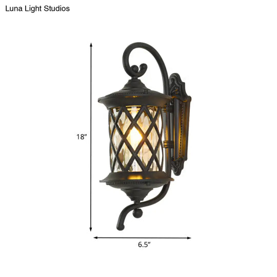 Rustic Outdoor Wall Light - Clear Ripple Glass Black Sconce 1 Head Curling Arm Design