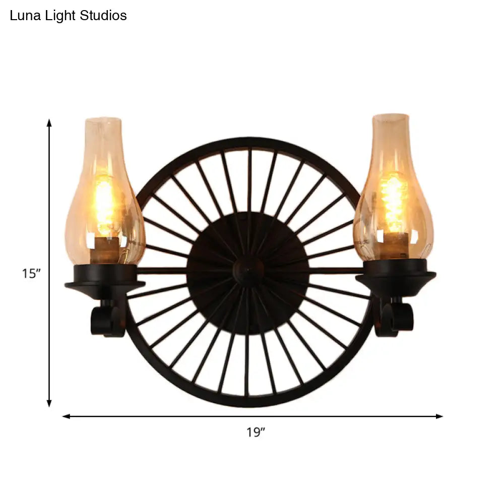 Rustic Outdoor Wall Sconce Lighting Fixture: Clear Glass Vase Shade 2-Bulb Design With Wheel