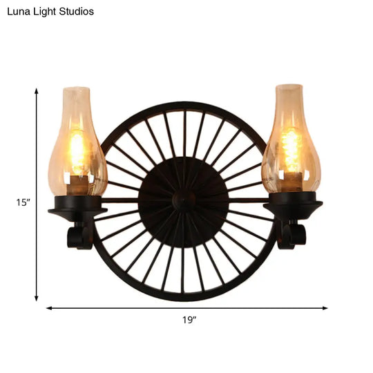 Rustic Outdoor Wall Sconce Lighting Fixture: Clear Glass Vase Shade 2-Bulb Design With Wheel