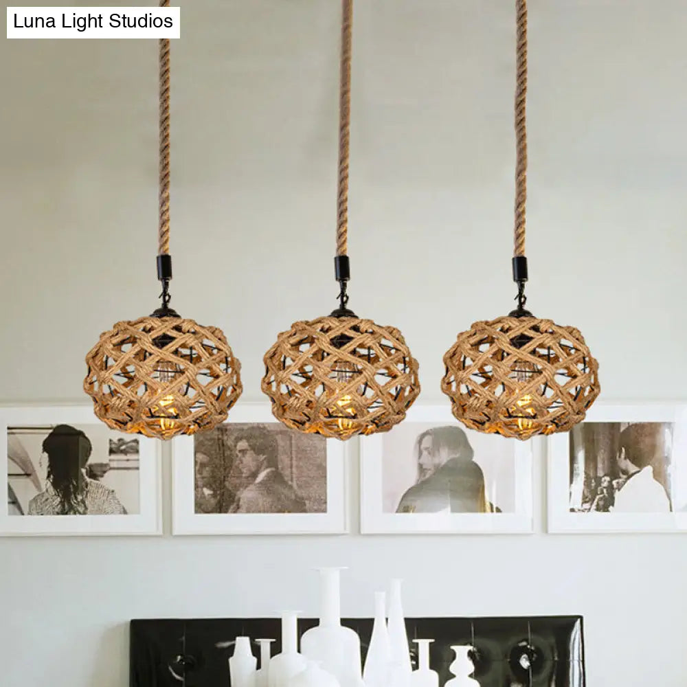 Brown Cross-Woven Rope Pendant Light With Oval Cluster Design - Cottage Kitchen Bar Ceiling Fixture