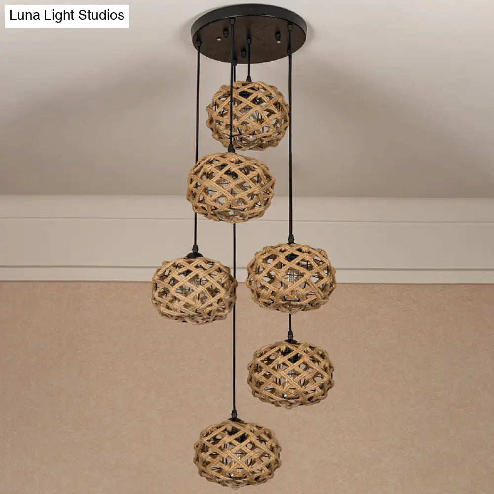 Rustic Oval Pendant Light With Cross-Woven Rope And Multiple Bulbs For Kitchen Or Bar Area
