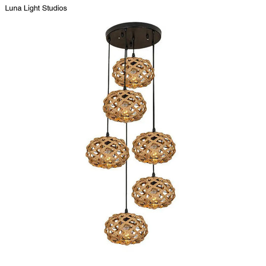 Brown Cross-Woven Rope Pendant Light With Oval Cluster Design - Cottage Kitchen Bar Ceiling Fixture