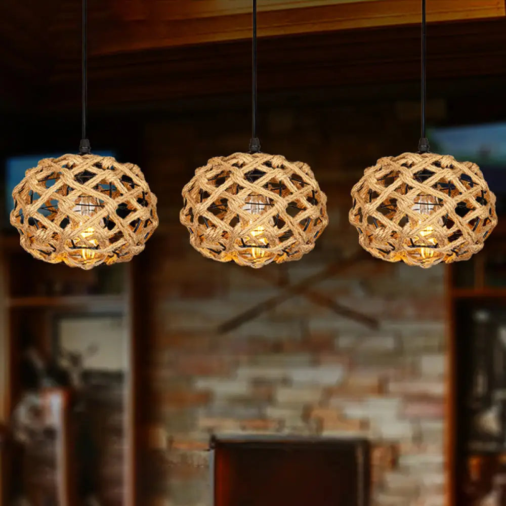 Rustic Oval Pendant Light With Cross-Woven Rope And Multiple Bulbs For Kitchen Or Bar Area Brown /