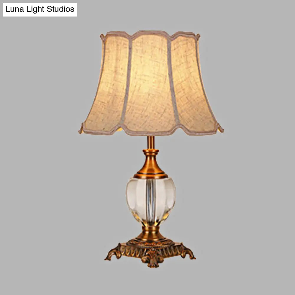 Rustic Paneled Bell Table Lamp - Crystal Nightstand Light In Beige For Bedroom