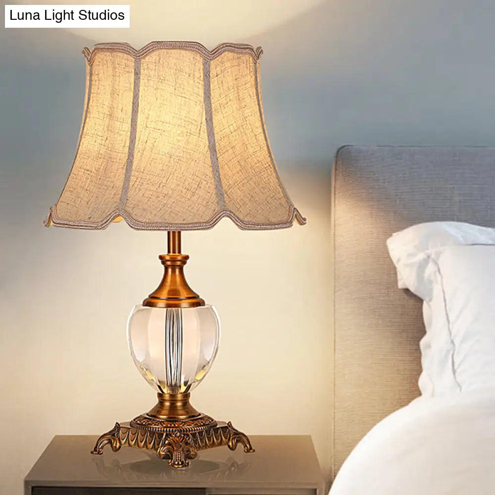 Rustic Paneled Bell Table Lamp - Crystal Nightstand Light In Beige For Bedroom