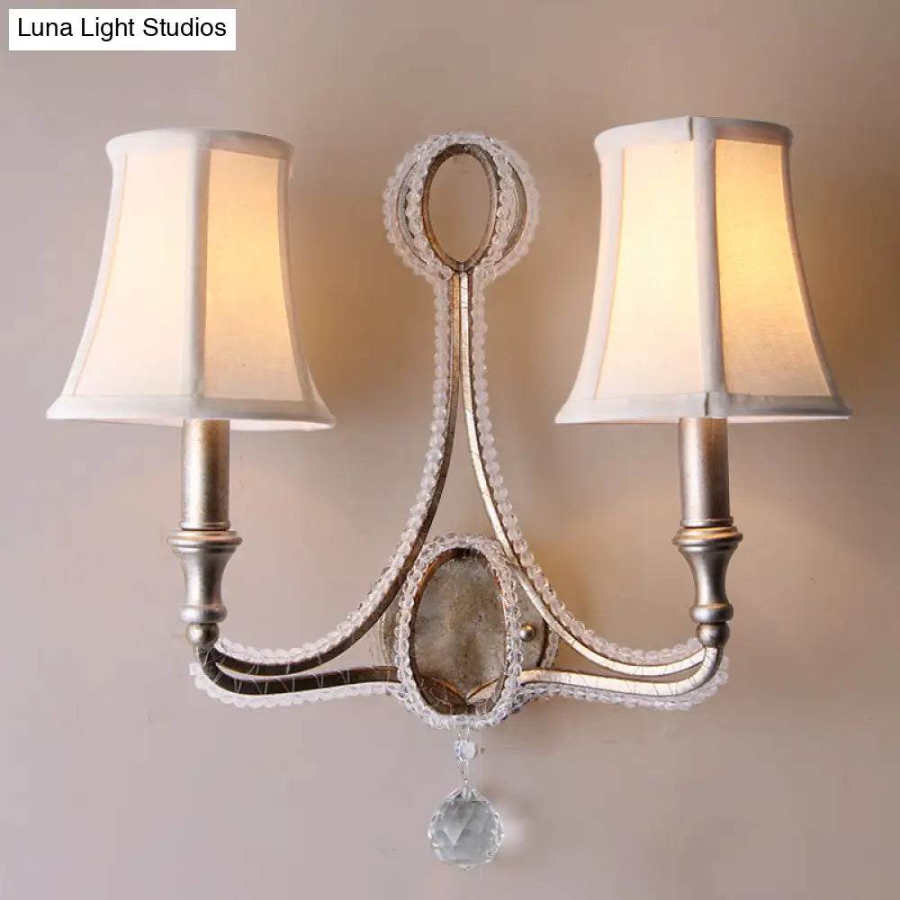 Rustic Paneled Wall Light Fixture In Beige/Aged Silver With Crystal Droplet For Half-Bulb Lighting