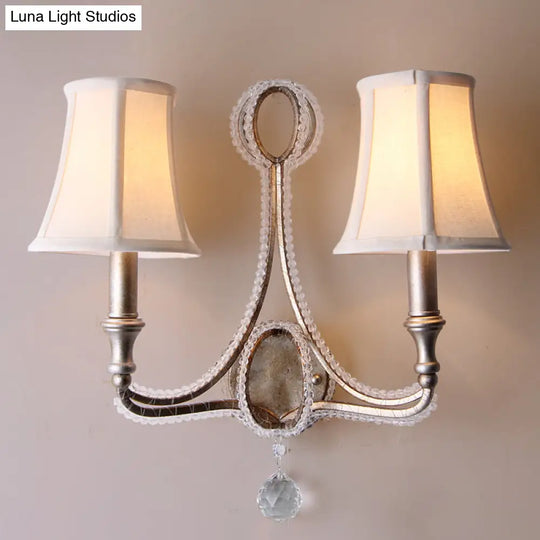 Rustic Paneled Wall Light Fixture In Beige/Aged Silver With Crystal Droplet For Half-Bulb Lighting