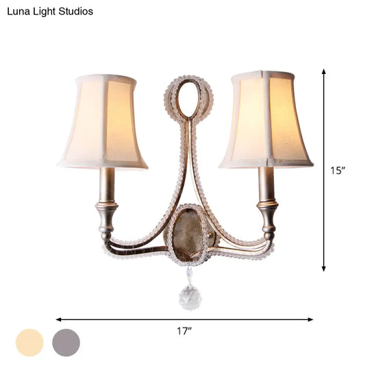 Rustic Paneled Wall Light Fixture In Beige/Aged Silver With Crystal Droplet For Half-Bulb Lighting