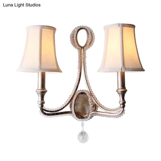 Rustic Paneled Wall Light Fixture In Beige/Aged Silver With Crystal Droplet For Half-Bulb Lighting