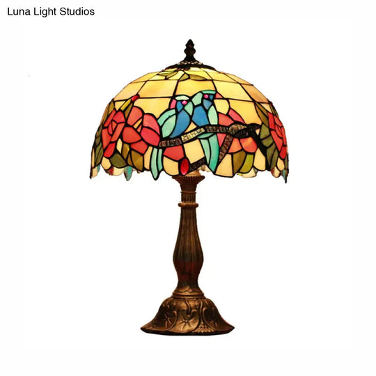 Rustic Parrot Table Lamp: Rose-Stained Glass Lighting In Brass/Copper For Bedroom