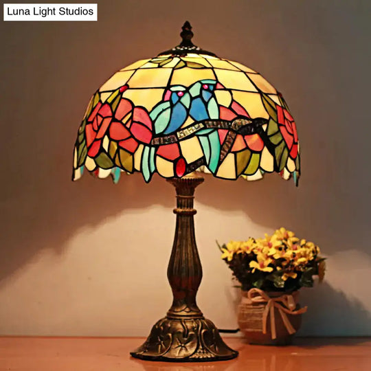 Rustic Parrot Table Lamp: Rose-Stained Glass Lighting In Brass/Copper For Bedroom