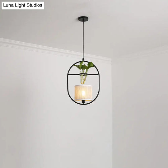 Rustic Fabric Pendant Light With Plant Pot - Cafe Ceiling Fixture Black