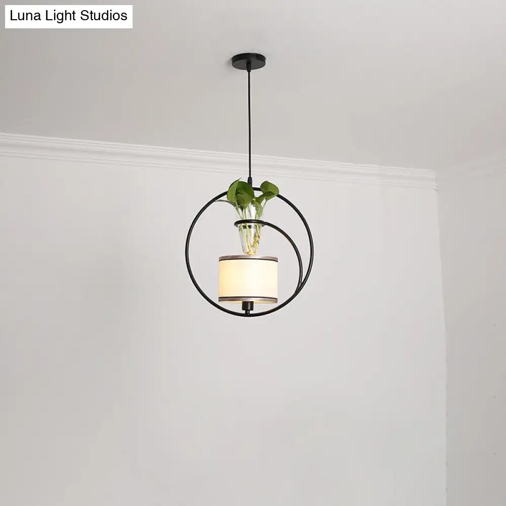 Rustic Fabric Pendant Light With Plant Pot - Cafe Ceiling Fixture Black / Round