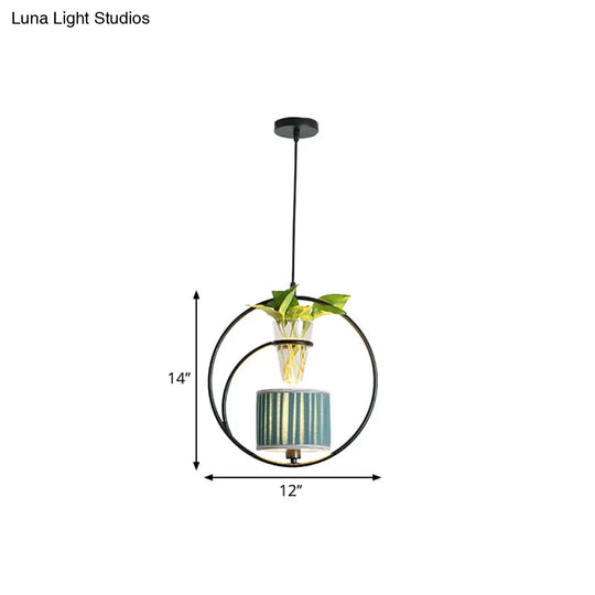 Rustic Pendant Light With Plant Pot And Oval/ Trapezoid Frame In Black - Perfect For Cafes