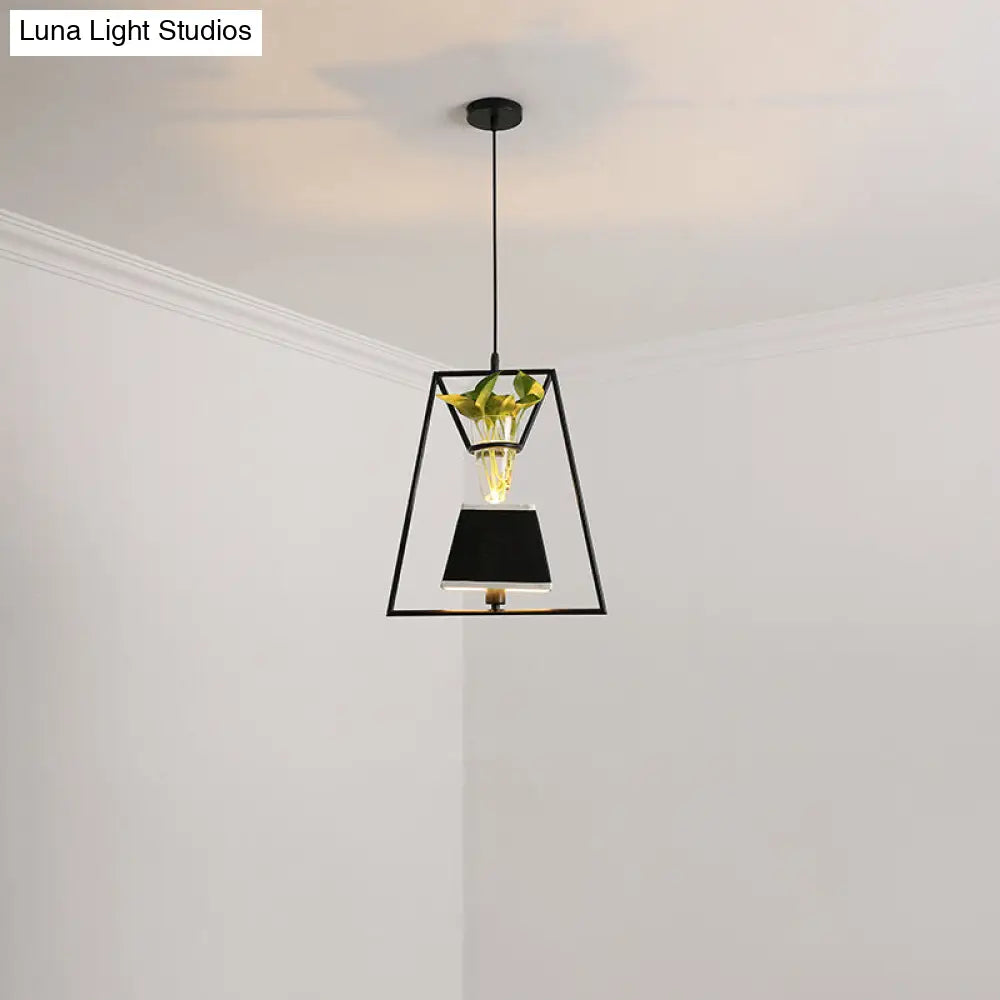 Rustic Fabric Pendant Light With Plant Pot - Cafe Ceiling Fixture Black / Trapezoid