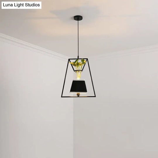 Rustic Fabric Pendant Light With Plant Pot - Cafe Ceiling Fixture Black / Trapezoid