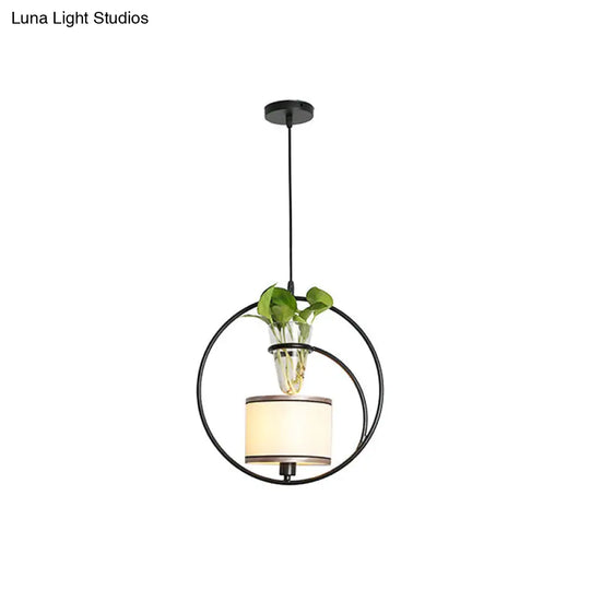 Rustic Fabric Pendant Light With Plant Pot - Cafe Ceiling Fixture Black