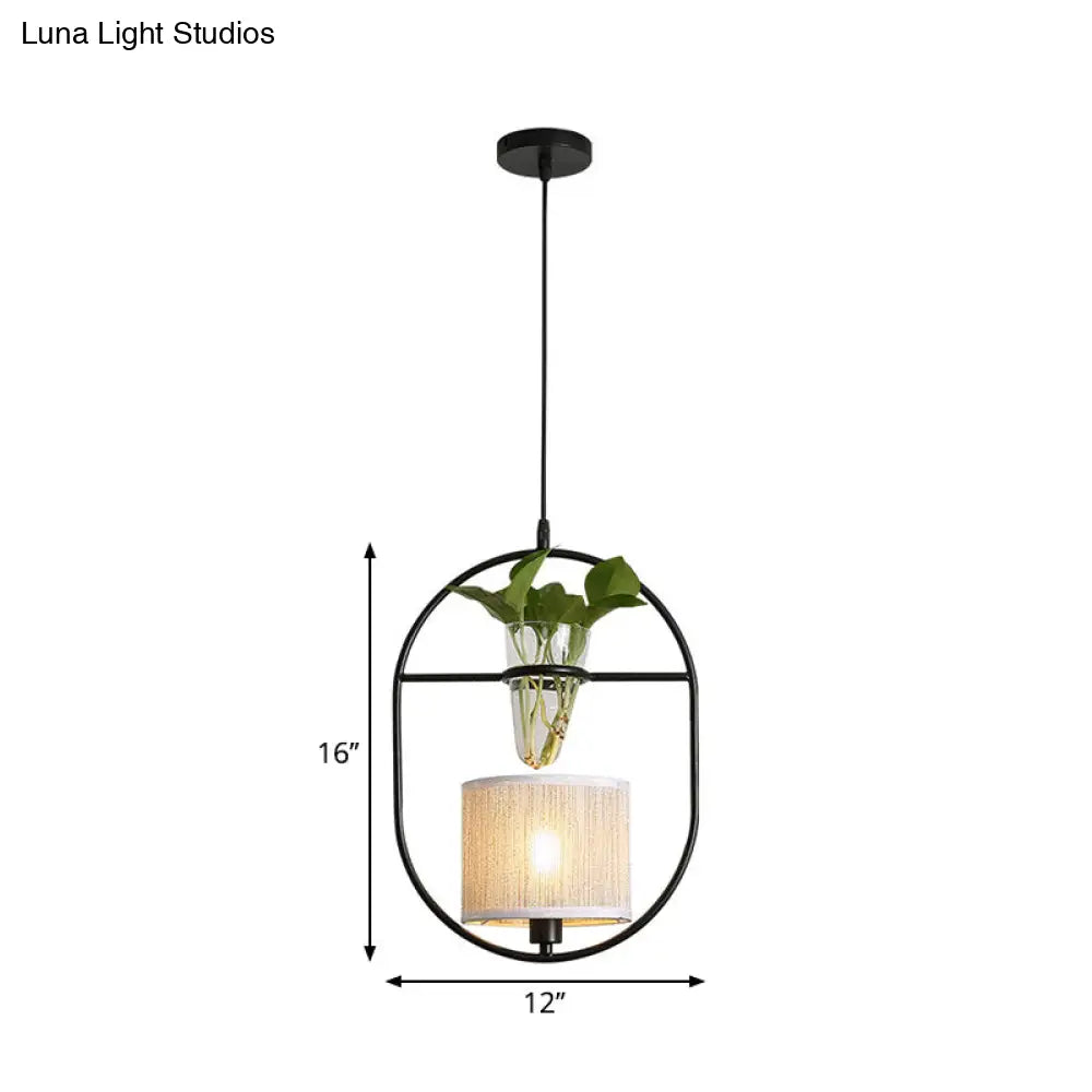 Rustic Fabric Pendant Light With Plant Pot - Cafe Ceiling Fixture Black