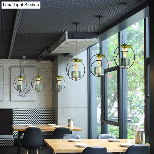 Rustic Pendant Light With Plant Pot And Oval/ Trapezoid Frame In Black - Perfect For Cafes